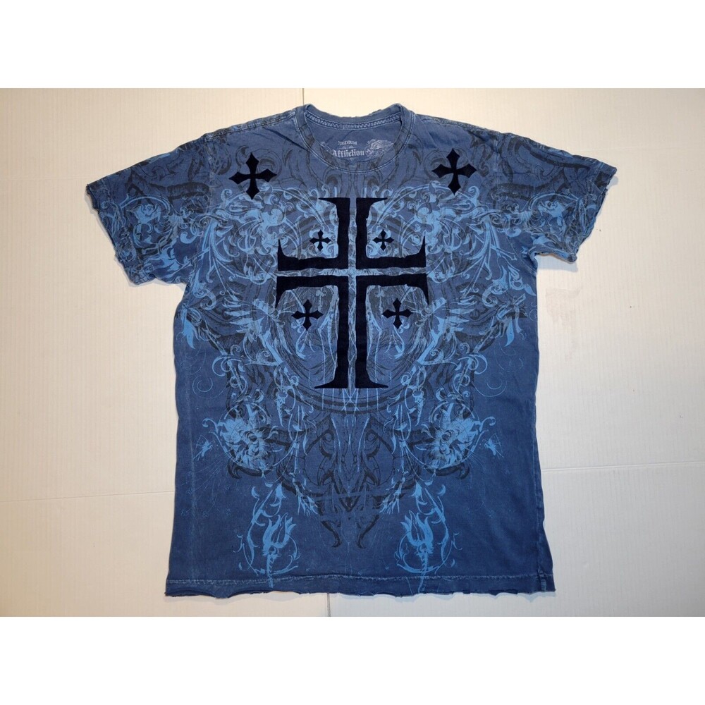 Affliction Navy Blue Cross Wings Shirt Velvet Double-sided Los‎ Angeles Mens M